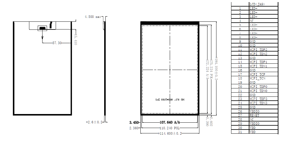 8.0 inch 800 x 1280 Pixel TFT LCD with MIPI interface JD9365DA-H3 Driver IC for MPOS