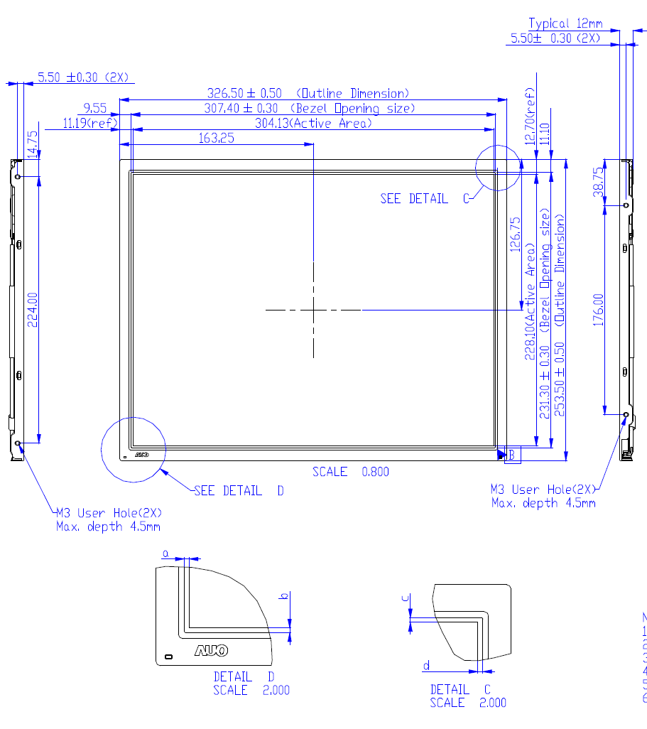 15 inch 1024x3(RGB) x 768 Pixel with LVDS Inteface 450 Luminance Display